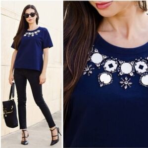 J. Crew Blue Embellished Blouse with‎ Short Sleeves